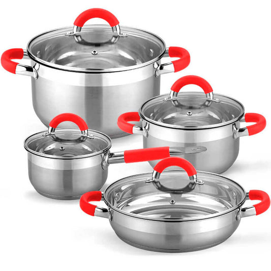 Batería Cocina Set 8 Piezas Vitro Inducción Acero Rojo