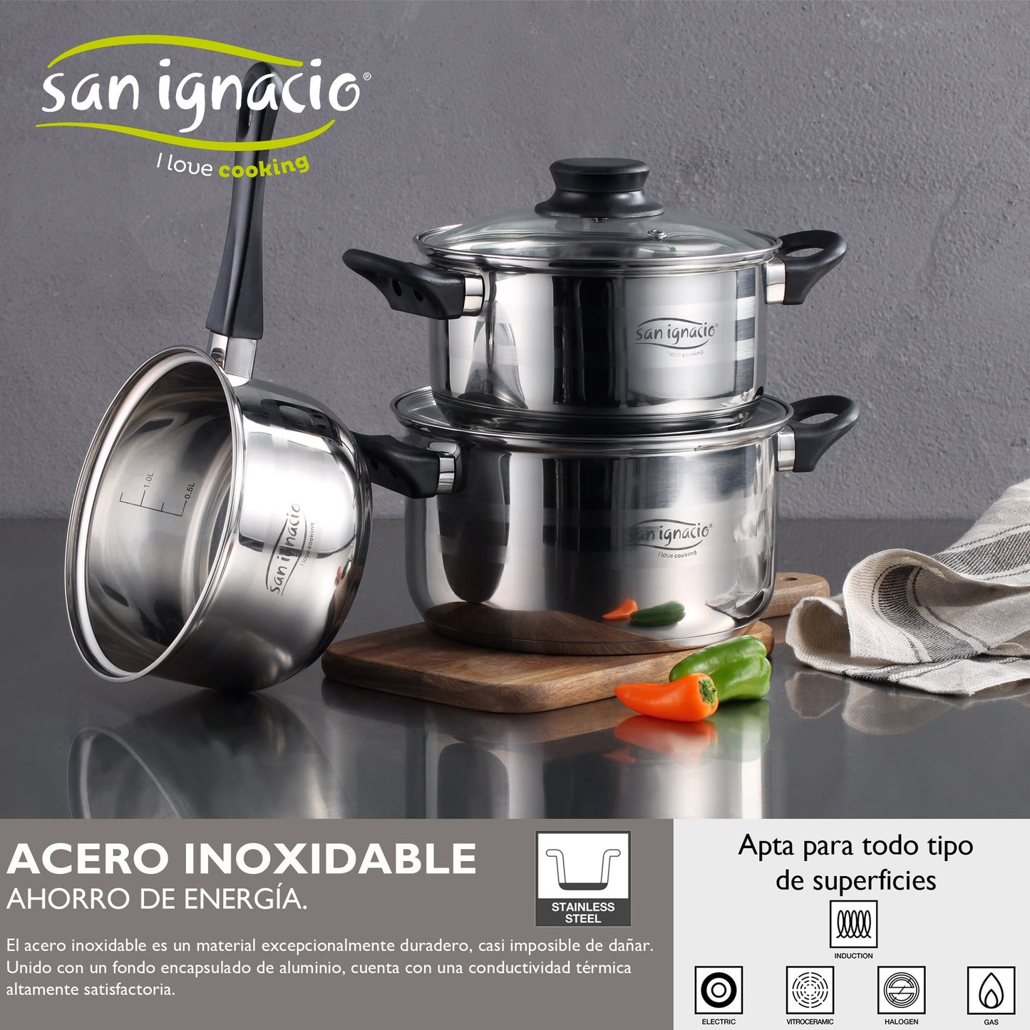 Juego de 3 sartenes y batería de cocina 5 pzs San Ignacio Aluminio prensado y acero inoxidable. Apto para inducción