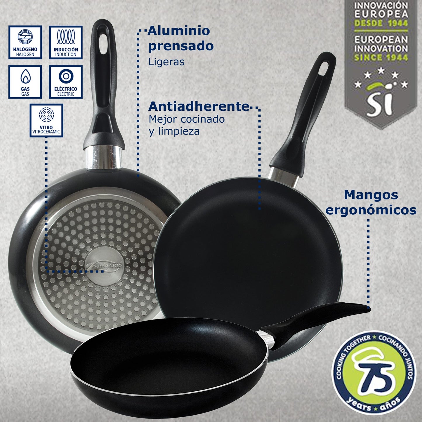 Juego de 3 sartenes y batería de cocina 5 pzs San Ignacio Aluminio prensado y acero inoxidable. Apto para inducción