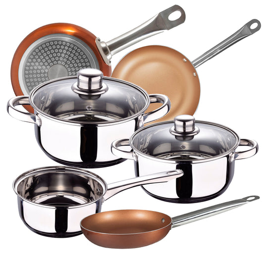 Batería de Cocina San Ignacio Cassel y Set de Sartenes Bergner Chef Copper